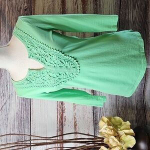 CHARTER CLUB SEA GREEN 3/4 SLEEVE APPLIQUE PULLOVER TOP